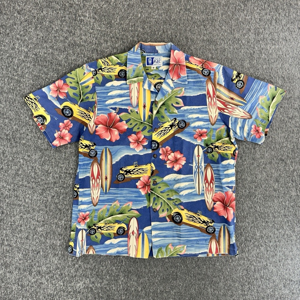 RJC Aloha Shirt Hot Rod Surf Print Hawaiian Blue Mens‎ Medium USA